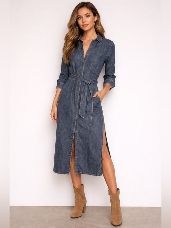 cloth & stone Dresses & Skirts - Cloth & Stone Denim Shirt Dress Lyocell Button Front Midi Roll Tab M